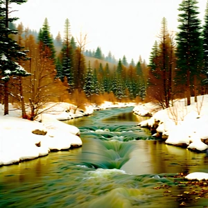 Nature Minimalist Design: Rushing River Surrounded By (snow:1.18)-covered Trees With Serene Scene