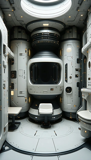 In The Image, There Is A Large White Room With A Futuristic Design