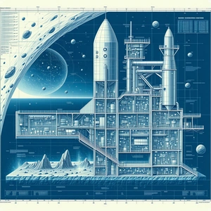 A Large Space Station Is Shown In A Blue And White Drawing