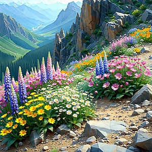 Nature Low Poly: Wildflowers In Rocky Terrain With Beautifully Drawn