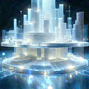 Financial Technology In (design:1.41) Studio With Futuristic Cityscape