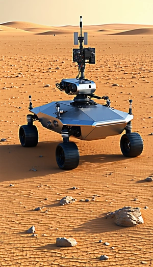 A Robotic Vehicle, Possibly A Rover, Sitting On A Dirt Surface