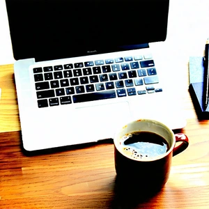 Business Watercolor Painting: Workplace With Laptop And Coffee On Desk With Laptop Computer
