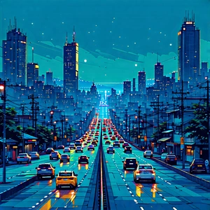 Urban Blueprint Style: Cityscape Of Coastal City During Rush Hour With Colorful, Artistic