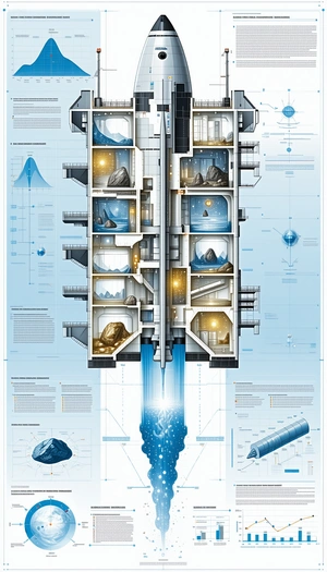 A Large, Multi-level Building Is Shown In A Blue And White Poster