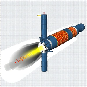A Blue And Red Rocket Is Shown In A Drawing, With A Yellow Line Coming Out Of The Bottom Of It