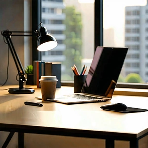 Business Cinema 4D: Workplace with laptop and coffee on desk