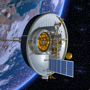 A Spacecraft With A Large Dome On Top, Flying Through The Vast Expanse Of Space