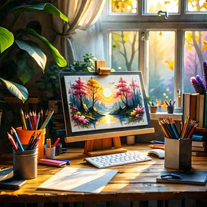 Lifestyle Pastel Drawing: Home Office With Warm Lighting With Wooden Desk