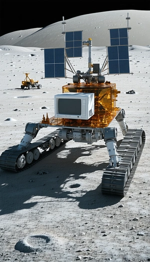 A Large Robotic Vehicle Is Sitting On A Rocky Surface, With A Television Screen Mounted On Its Front