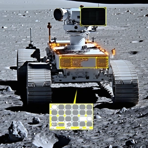 A White Robotic Vehicle, Possibly A Rover, Parked On A Rocky Surface