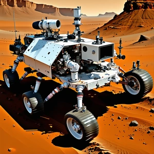 A White Robot Is Driving On A Red Dirt Road
