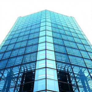 Urban Editorial Photography: Glass Office Tower With (minimalist:1.36) Design With Tall, Blue