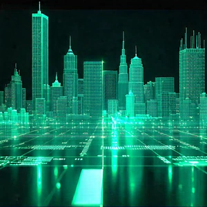 Tech Long Exposure Photography: Financial Technology In Design Studio With Futuristic Cityscape
