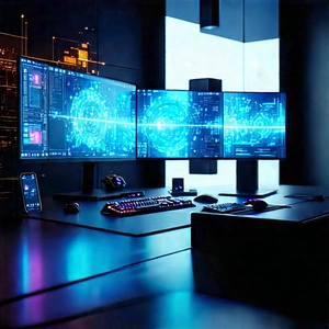 Futuristic Digital Workspace With Image, There
