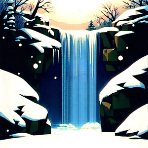 Nature Ink Drawing: Waterfall In Winter Snow With Beautiful Waterfall
