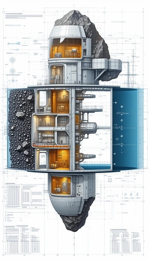The Image Is A Detailed Drawing Of A Large Building, Possibly A Ship Or A Space Station