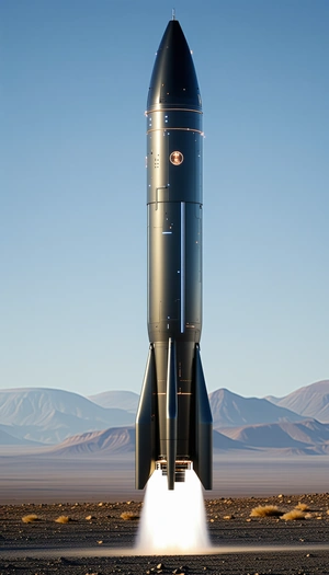 A Large, Black Rocket Ship With A Long