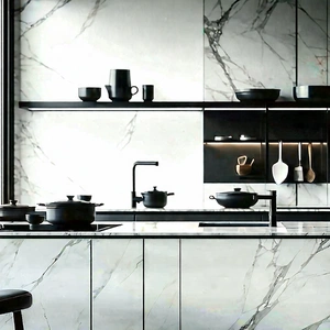 Lifestyle Etching: (modern:1.27) Kitchen With Minimalist Decor With Modern Kitchen