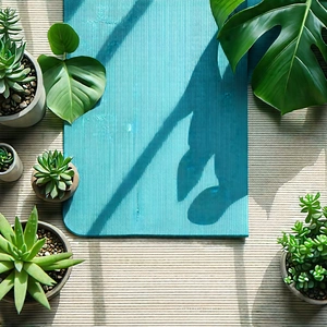 Lifestyle Aerial Photography: Wellness Scene With Yoga Mat And Plants With Image, There