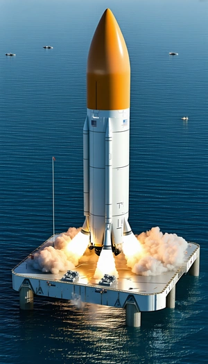 A Large Rocket Ship On A Platform In The Ocean