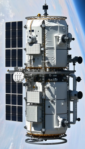 A Large White Spacecraft Is Shown In A Close-up View