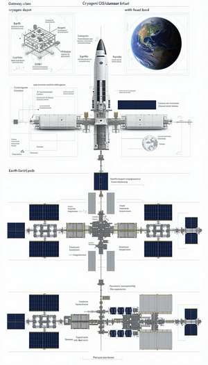 A Large Space Station Is Shown In A Diagram, With Various Parts Labeled
