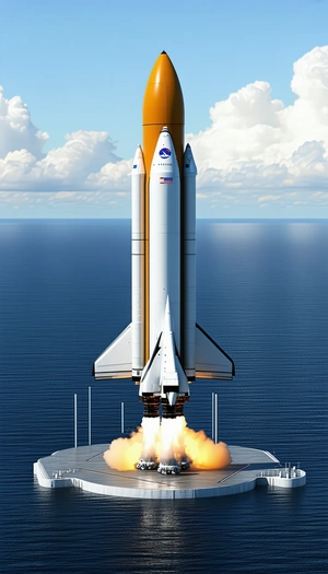A Large Rocket Ship Is Seen Flying Through The Sky, With A Bright Orange And White Color Scheme