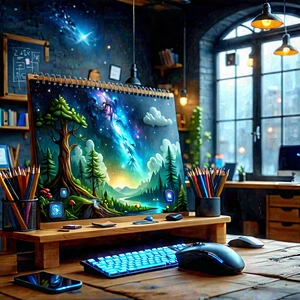 Educational Technology In Tech Office With Wooden Desk