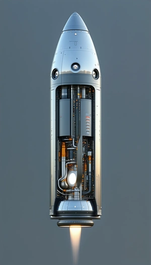 A Large Silver Rocket Ship Is Shown In A Close-up View
