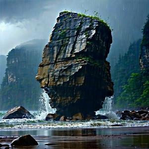 Nature Digital Art: Rock Formation In Rainy Season With Large Rock