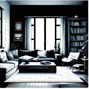 Lifestyle Linocut Print: Cozy Living Room With Organized Space With Black White
