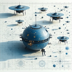 In This Image, There Is A Large Blue Sphere That Appears To Be A Space Station Or A Spacecraft