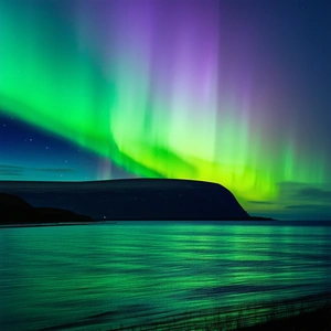 Nature Lithograph: Northern lights over coastline