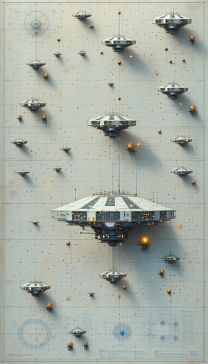 In This Image, There Are Several Spaceships Floating In The Air