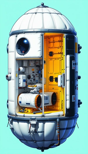A Large White And Yellow Spacecraft Is Shown In A Blue Background