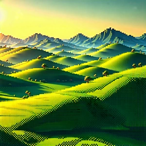 Nature Voxel Art: Rolling Hills During Sunrise With Computer-generated, Three-dimensional
