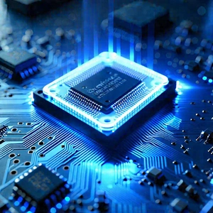 Tech Advertising Photography: Microchip with blue light glow