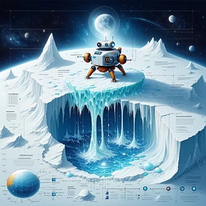 The Image Is A Colorful And Detailed Illustration Of A Robot Standing On A Frozen Planet