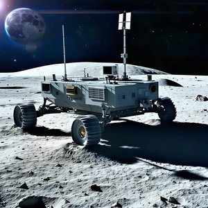 A Robotic Vehicle Is Parked On The Moon, With A Large Satellite Dish On Its Back