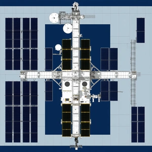 The Image Is A Detailed Illustration Of A Space Station, Showcasing Its Various Components