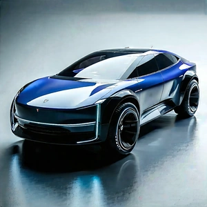 Tech Drone Photography: Innovative Electric Vehicle (design:1.29) With Futuristic Blue