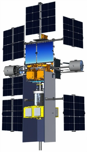 A Large Spacecraft Is Shown In A White And Blue Color Scheme