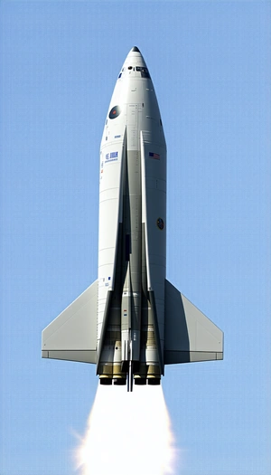 A Large White Rocket Ship With A Blue And White Stripe On Its Side
