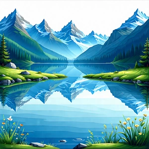Nature Vector Art: Tranquil Pond Surrounded By Mountain Peaks With Image, There