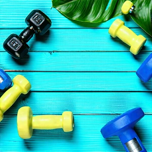 Lifestyle Drone Photography: Wellness Scene With Fitness Equipment With Wooden Table