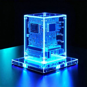 Tech Acrylic Painting: Quantum Computer With Neon Accents With Blue Circuit