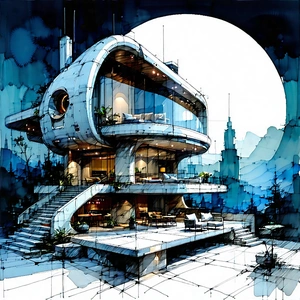 Tech Ink Drawing: Futuristic Smart Home With Drawing Large,