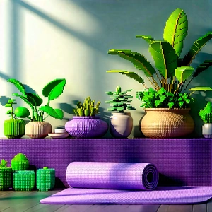 Lifestyle Voxel Art: Wellness Scene With Yoga Mat And Plants With Image, There