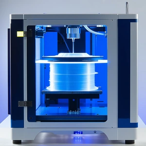 A Blue And White 3d Printer Is In The Process Of Printing A Plastic Object